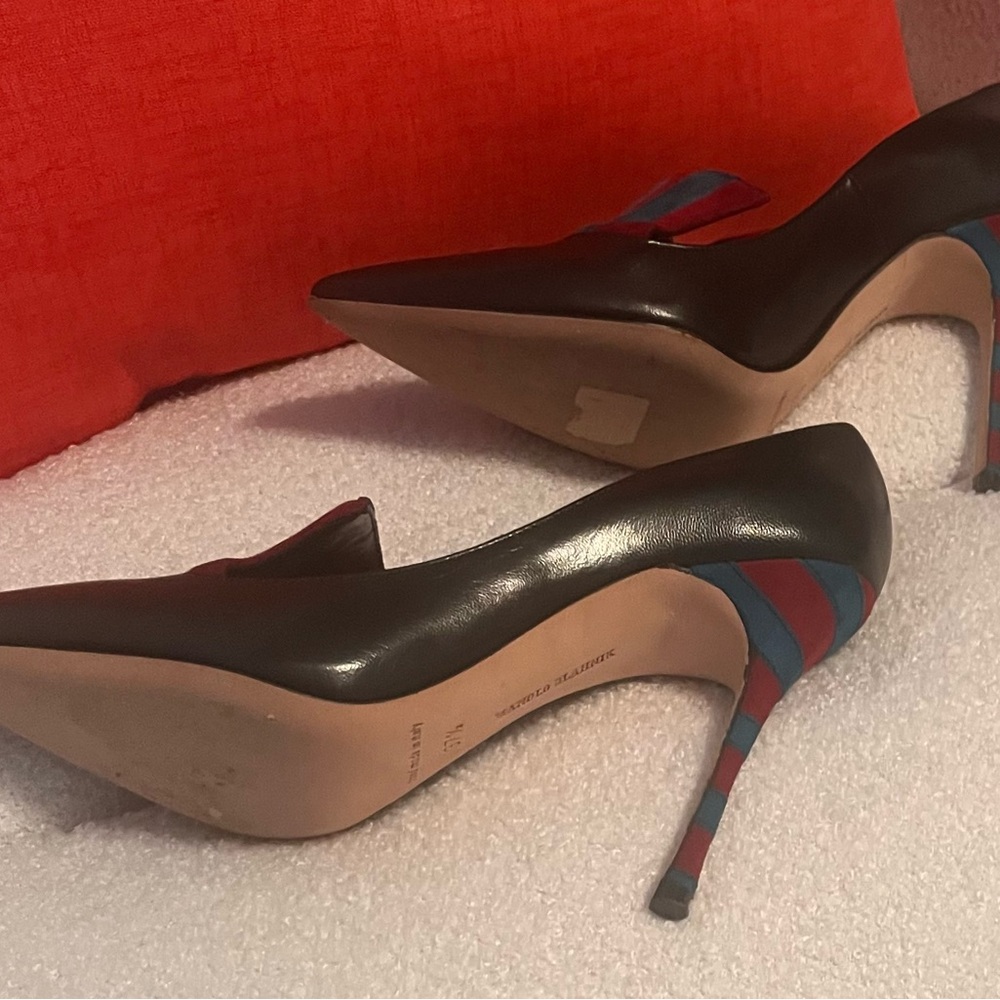 Manolo Blahnik Black Heels with Red and Blue Stripes - Picture 8 of 15